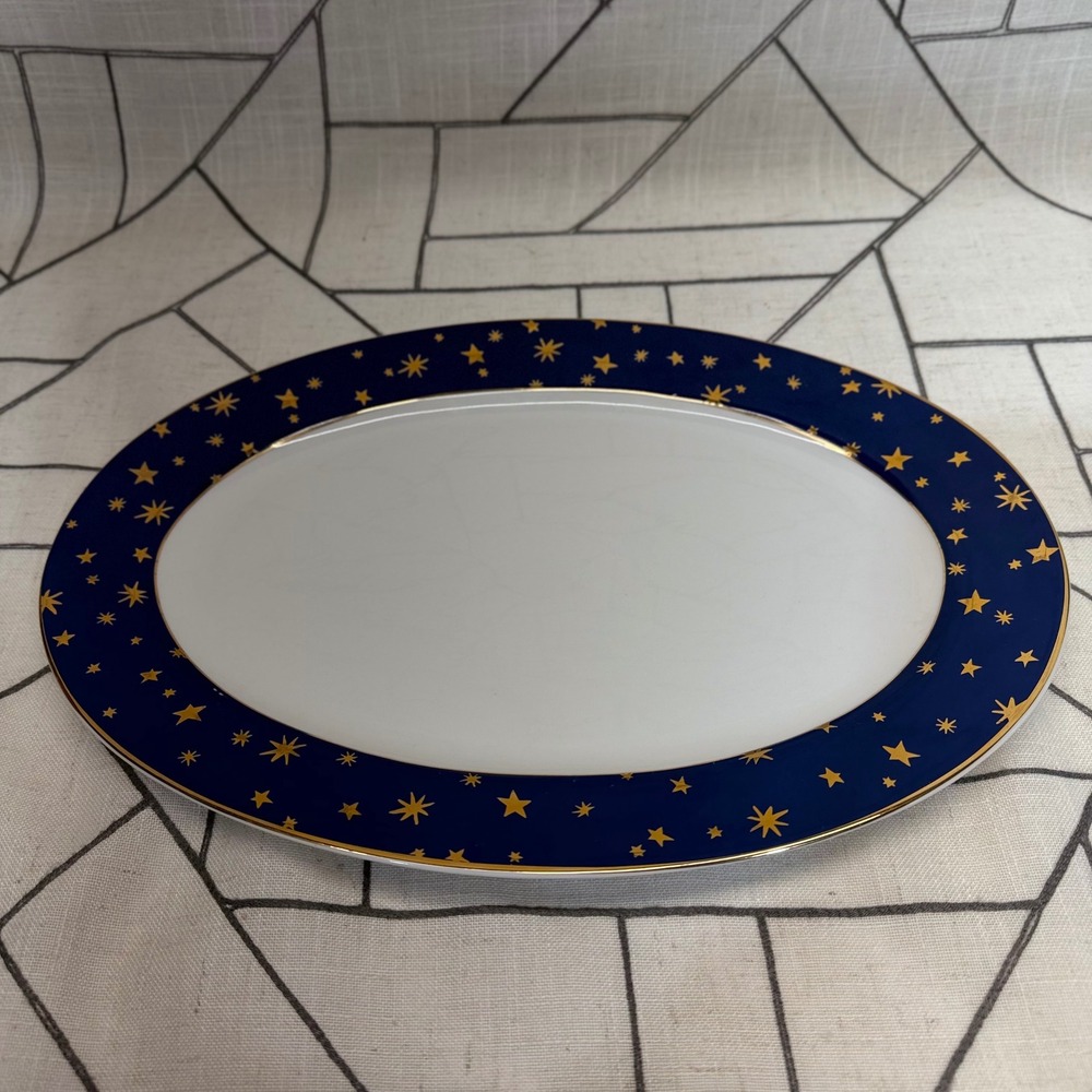 Sakura Galaxy Serving Platter 14" Blue Gold 14k Stars Fine Porcelain Oval